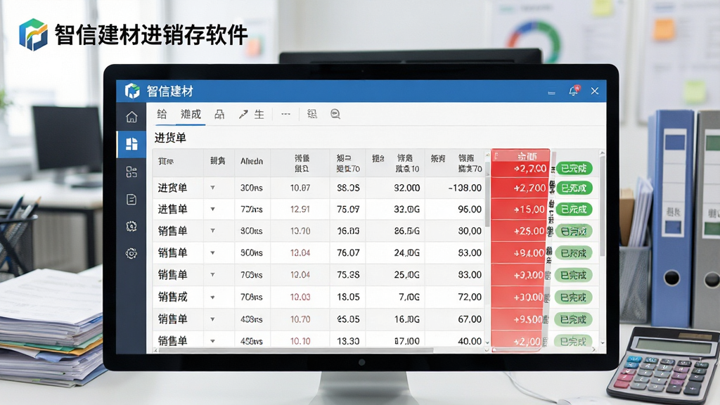 主体:智信建材进销存软件运行界面,展示进货单和销售单列表,数据滚动刷新;布局:界面分为上下结构,上方为工具栏,下方为单据明细表格,左侧有导航图标;排版:表格列清晰,金额列红色高亮,状态标签用绿色显示“已完成”;风格:扁平化设计,色彩清新,符合现代企业管理软件风格;细节:屏幕左上角有“智信建材进销存软件”logo,背景为办公室场景,有电脑、文件、计算器;画质:高清渲染,画面干净,无多余元素