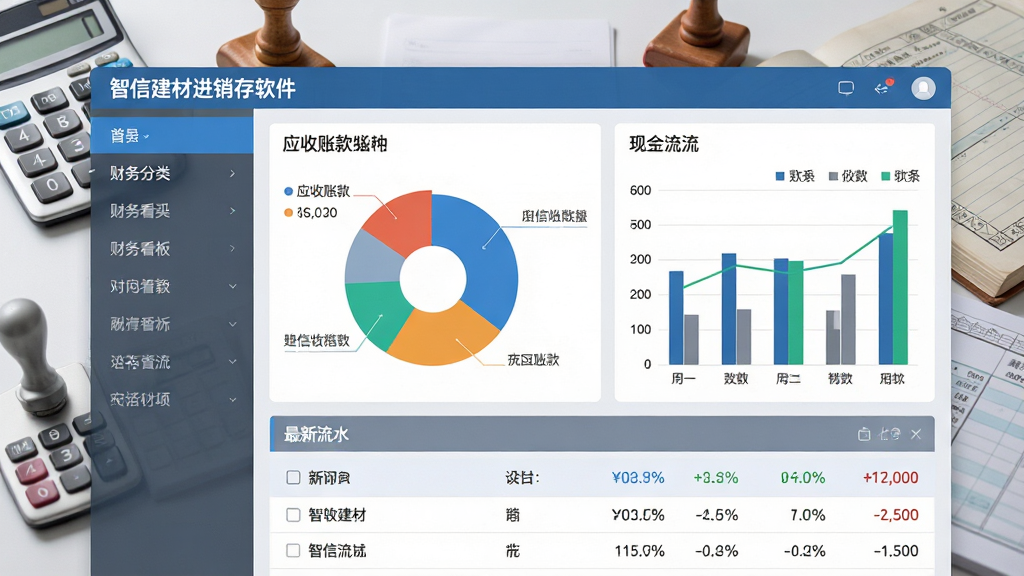 主体:智信建材进销存软件的财务看板界面,显示应收账款和现金流图表;布局:页面左侧为财务分类菜单,右侧为统计图表,下方为最新流水列表;排版:图表采用饼状图和柱状图,颜色区分不同科目,顶部有“智信建材进销存软件”标题栏;风格:商务大气,蓝灰主色调,数据可视化突出;细节:背景有计算器、印章、账本等元素,画质干净,无多余元素;画质:4K高清,光线柔和,细节丰富