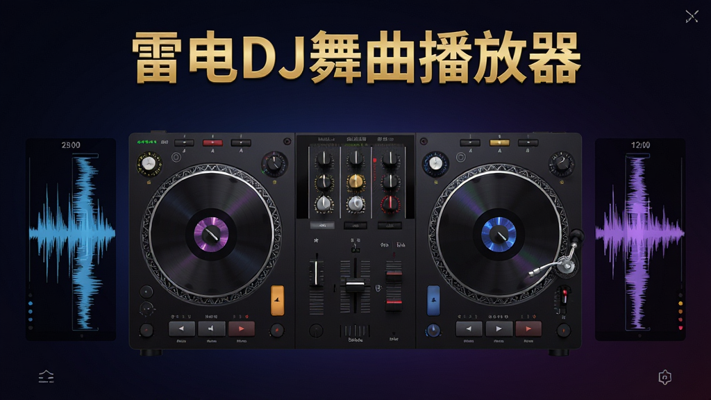雷电DJ舞曲播放器主界面展示,深色渐变背景,中央为双碟机混音台,两侧波形显示,顶部金色标题“雷电DJ舞曲播放器”,界面整洁现代,高清渲染,干净无多余元素