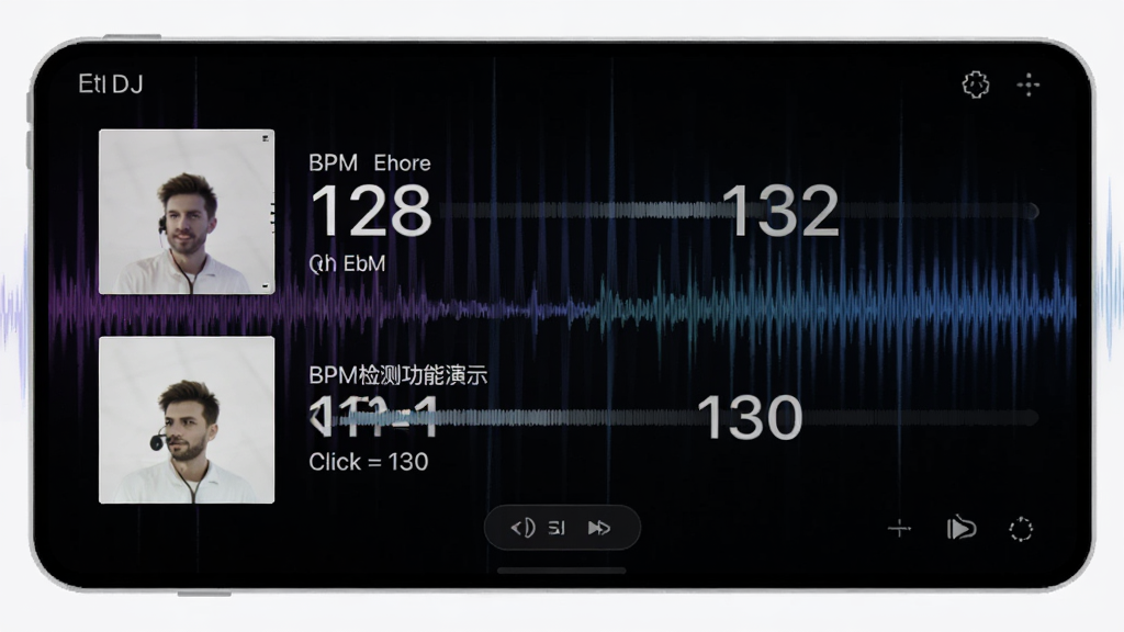 雷电DJ舞曲播放器BPM检测功能演示,界面显示两首歌曲的BPM数值分别为128和132,点击同步后变为130,背景有节奏光效,界面清晰,现代简约风格,画质清晰,干净无多余元素