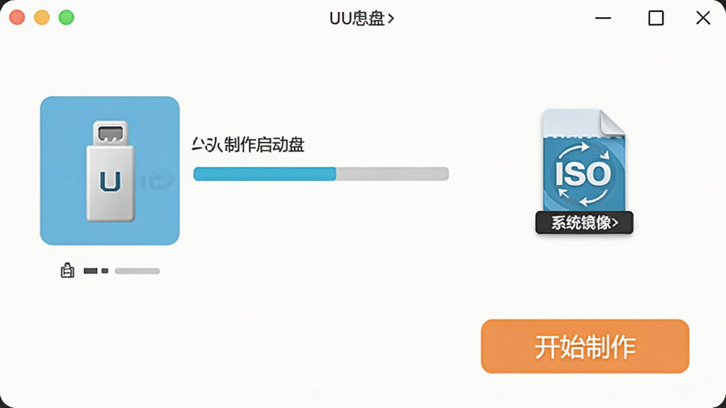UU盘一键制作启动盘操作界面,显示U盘选中状态,进度条正在写入,旁边有系统镜像ISO文件图标,界面明亮简洁,按钮文字“开始制作”突出显示,画质干净,无多余元素