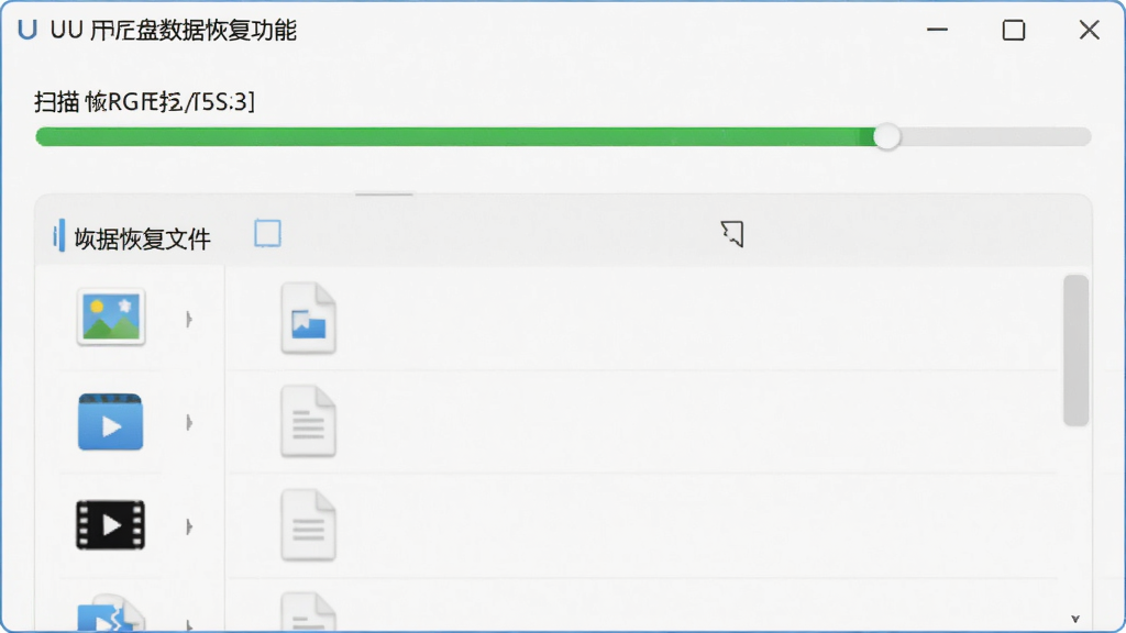 UU盘数据恢复功能界面,显示扫描进度条与可恢复文件列表,文件类型图标包括照片、文档、视频,界面简洁带绿色进度条,背景为浅色,画质干净,无多余元素