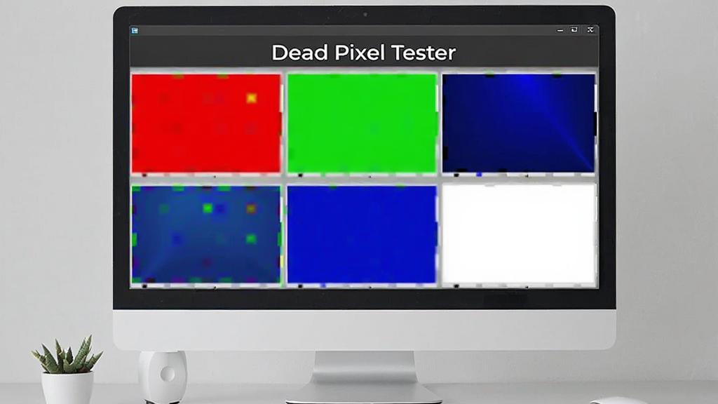Dead Pixel Tester 软件界面预览,屏幕显示多种纯色测试图案,包括红绿蓝白黑,画面干净,有软件名称“Dead Pixel Tester”标识,现代扁平化风格,桌面显示器屏幕居中,布局清晰,细节丰富,高清画质,干净无多余元素
