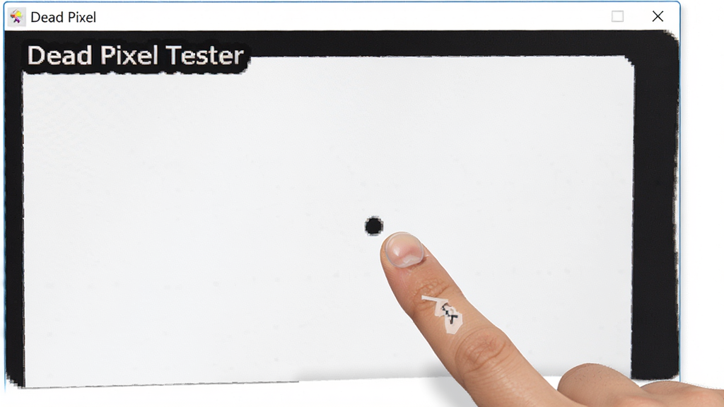 Dead Pixel Tester 软件使用教程配图,用户手指点击屏幕上的坏点位置,屏幕上显示纯白背景,左上角有软件名称“Dead Pixel Tester”,构图清晰,操作演示,高清画质,干净无多余元素