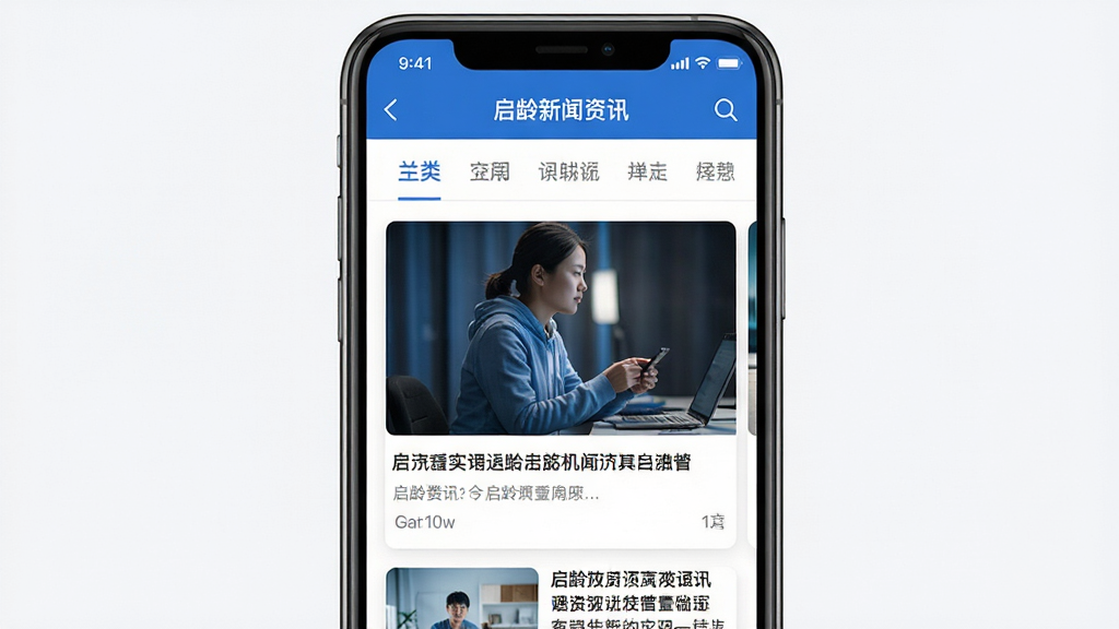 启龄新闻资讯应用主界面预览图,手机屏幕展示首页信息流,包含图文卡片、分类导航栏,整体风格简洁现代,蓝白配色,界面干净,无多余元素,高画质