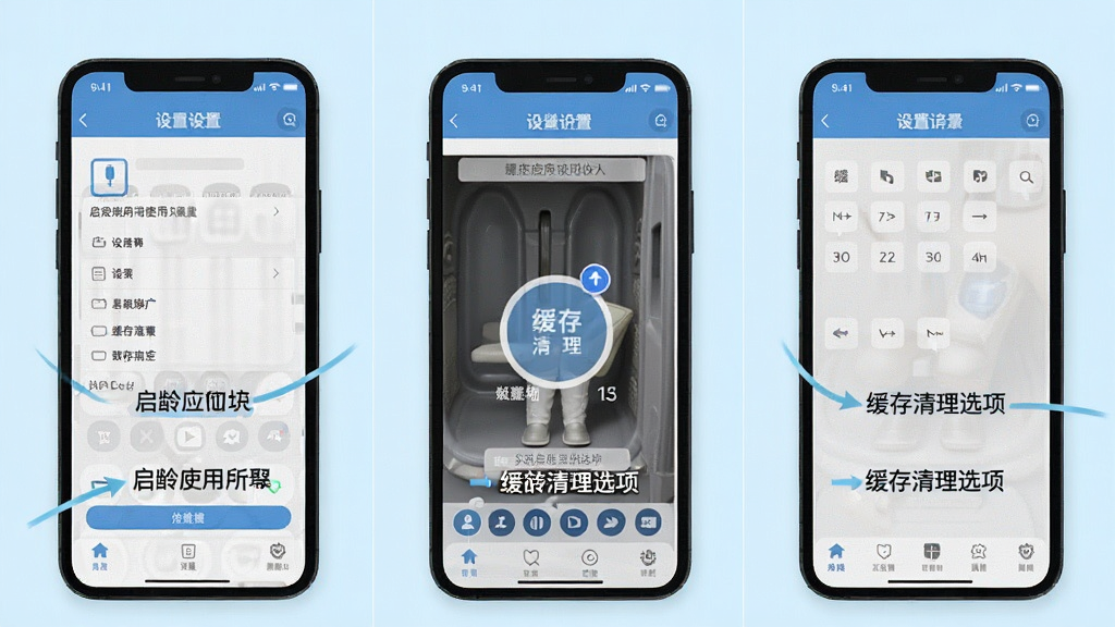启龄应用使用教程步骤图,手机操作界面展示设置菜单与缓存清理选项,配以文字标注,风格简洁明了,背景浅色,画质清晰,无多余元素