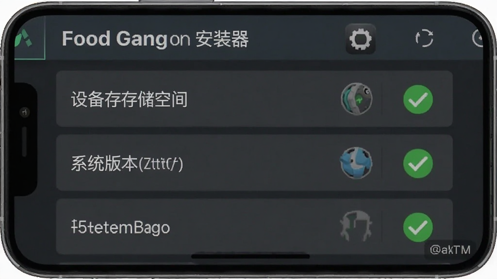 一张展示“Food Gang安装器”智能检测功能的手机界面截图,界面显示设备存储空间、系统版本等检测项目,每一项都带绿色对勾,布局清晰,风格简洁,画质高清
