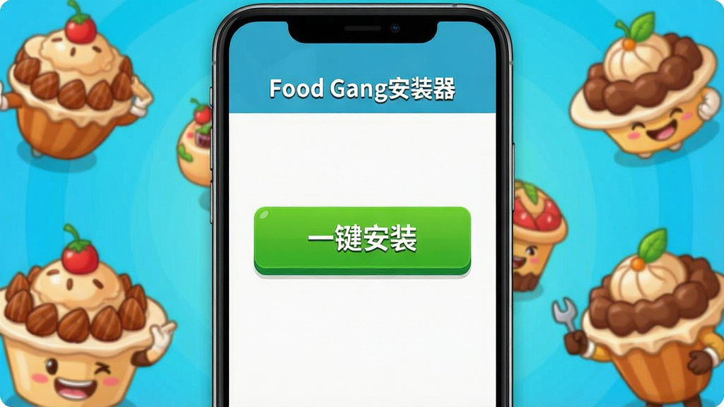 一张高清的智能手机屏幕截图,显示“Food Gang安装器”主界面,界面整洁,包含醒目的“一键安装”绿色按钮,背景为游戏卡通美食角色,画面明亮,干净无多余元素,画质高清