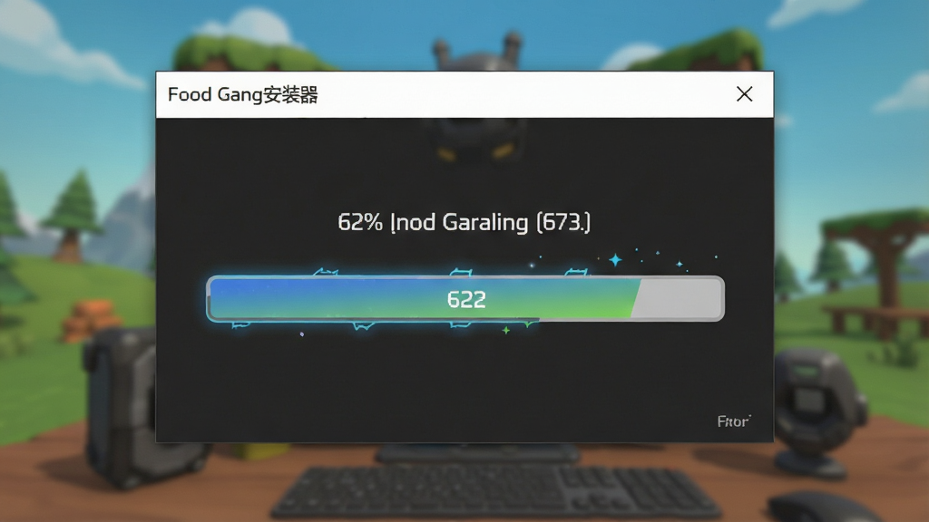 一张“Food Gang安装器”正在安装游戏的界面,进度条显示62%,背景虚化,突出安装速度之快,画面干净,无多余元素,画质清晰