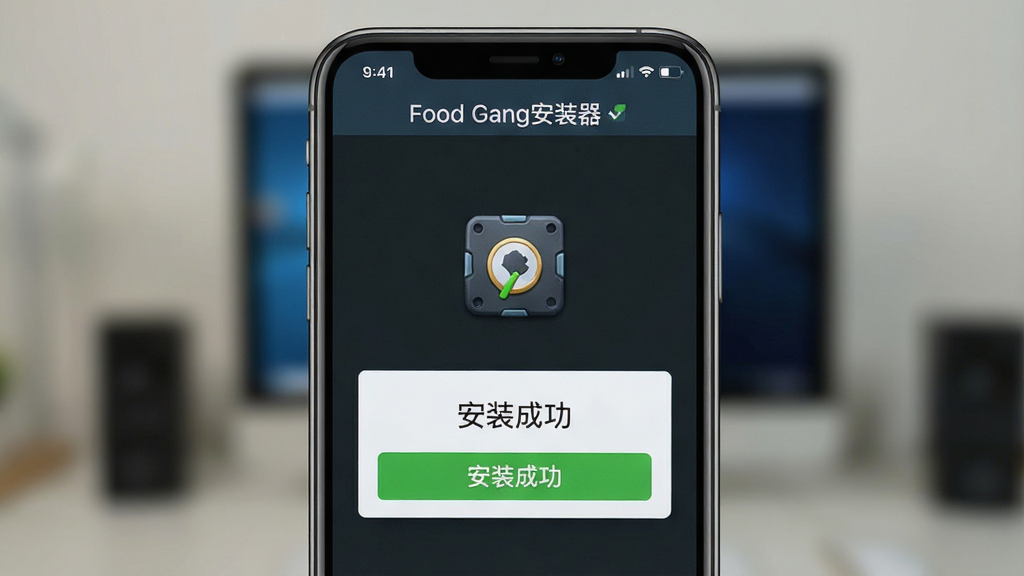 一张“Food Gang安装器”在手机上运行的截图,背景虚化,安装完成提示“安装成功”,画面干净,文字清晰,画质高清