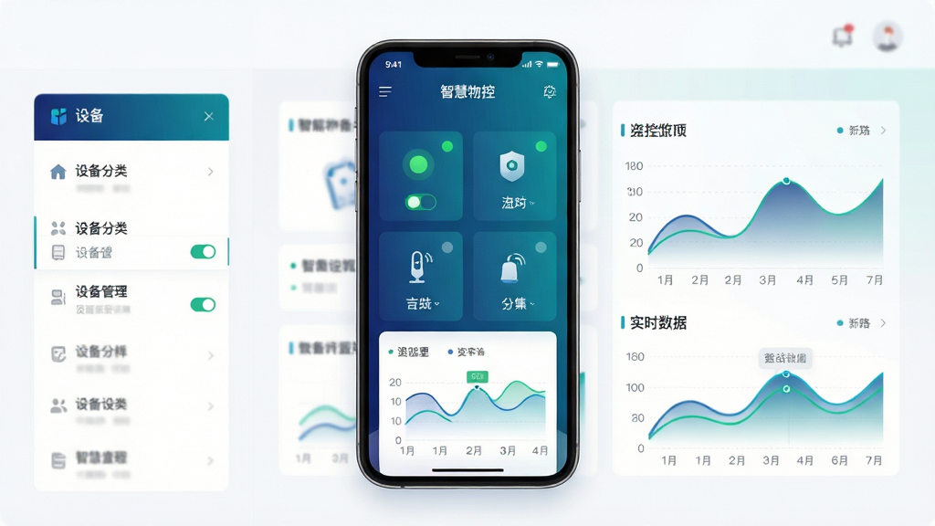 ����Ϊ�ִ������豸��ع������棬����չʾ�����ֻ���Ļ�еġ��ǻ���ء�APP�����棬�����������豸��Ƭ��ʵʱ����ͼ�������ֲ������ҽṹ�����Ϊ�豸�����б����Ҳ�Ϊ��ϸ������壬�����Ű������������Ϊ��ƽ���Ƽ��磬��ɫ��Ϊ����������ɫ���䣬ͼ������������ϸ����ͻ���豸����״ָ̬ʾ���붯̬�������ߣ����ʸ���ɾ����޶���Ԫ�ء�