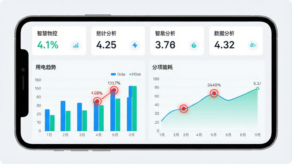 ����Ϊ�ǻ����APP���ܺķ������棬��Ļ��չʾ��ɫ��״ͼ������ͼ����ע���õ����ơ��롰�����ܺġ�������Ϊ�Ϸ�ͳ�ƿ�Ƭ���·�ͼ�������Ű�淶�����Ϊ�������ݿ��ӻ���񣬱���Ϊǳ�Ұ�ɫ��ͼ��ɫ������������ɫΪ����ϸ��ͻ���쳣�õ��ĸ�����Ȧ��ʾ�����������������ɾ��޶���Ԫ�ء�