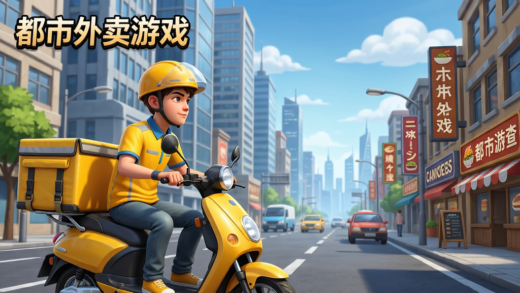 主体:都市外卖游戏主界面场景,一名身着黄色外卖制服、头戴安全帽的年轻骑手,骑着一辆装有保温箱的电动车,背景是繁华的现代都市街道,高楼林立,车水马龙。布局:骑手位于画面中央偏左,视线看向右侧远方,右侧街道上分布着各类餐饮店铺招牌,天上飘着几朵白云。排版:画面整体采用黄金分割构图,骑手与电动车占据左侧三分之一,右侧留白展示街景与远处天际线,品牌名称“都市外卖游戏”以艺术字形式置于左上角,风格:写实与卡通结合,色彩明亮,细节丰富,画质高清,干净无多余元素。