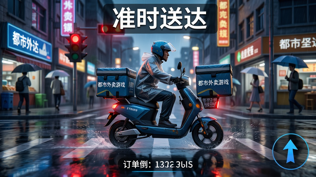 主体:游戏内骑手在雨天骑行送餐的场景,身穿雨衣的骑手骑着电动车,车后保温箱上印有“都市外卖游戏”字样,街道湿漉漉倒映着霓虹灯光。布局:骑手位于画面中央,前方是红绿灯路口,两侧有撑伞的行人和商铺。排版:采用动态视角,骑手略带倾斜向前冲刺,画面底部显示订单倒计时与导航箭头UI,文字“准时送达”以醒目标语形式出现在顶部。风格:写实渲染,色彩偏冷但灯光温暖,细节表现雨水飞溅与轮胎水花,画质高清,干净无多余元素。