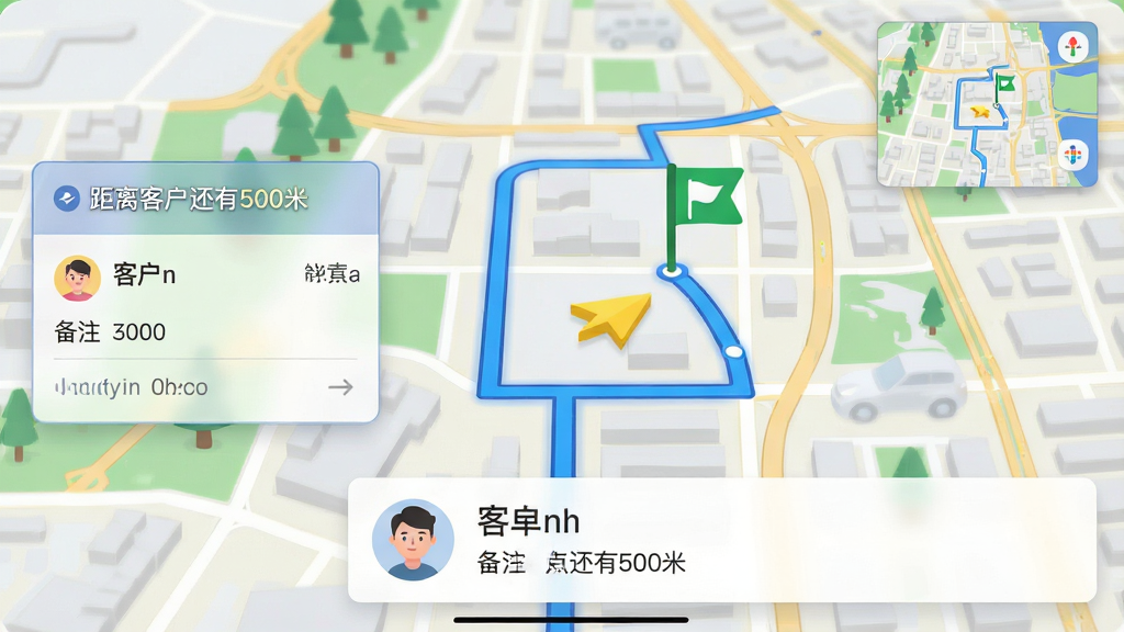主体:游戏内导航与送单界面,屏幕显示城市道路地图,蓝色路线指引,骑手位置为黄色箭头,终点有绿色旗帜图标,底部是订单详情卡片,包含客户头像与备注。布局:地图占据画面大部分,右上角小地图显示全局,左侧订单卡片半透明悬浮。排版:UI简洁,路线清晰,文字“距离客户还有500米”醒目显示。风格:现代扁平风格,配色明亮,细节丰富,画质高清,干净无多余元素。