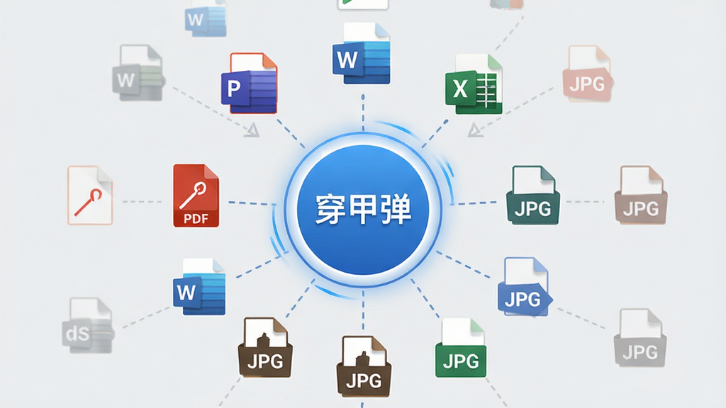 主体:穿甲弹软件的智能格式转换界面,展示多种文件格式图标围绕中心转换按钮排列。布局:中心为圆形转换按钮,四周辐射状排列常用文件格式图标,如PDF、Word、Excel、JPG等。排版:图标大小统一,中心按钮突出显示,整体对称有序。风格:简约商务风格,背景为浅灰色,图标采用彩色扁平化设计。细节:转换过程中有动态连线效果,图标间以虚线连接,画质高清。图片中若有文字,需加引号,例如