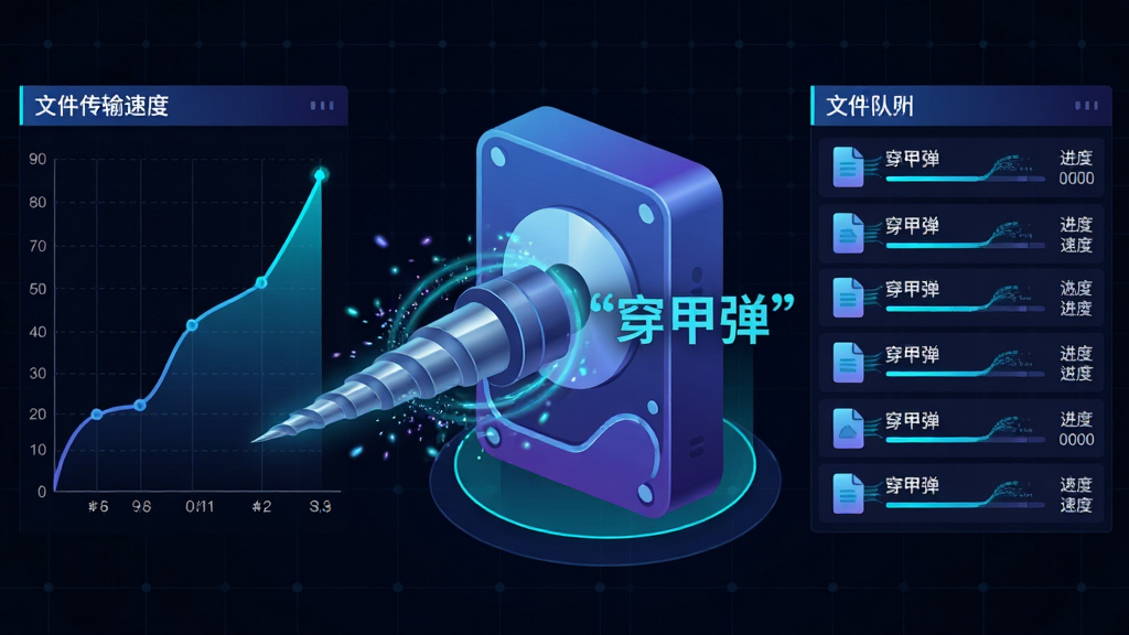 主体:穿甲弹软件的文件穿透引擎功能示意图,画面中央为一个被高速旋转的钻头穿透的硬盘图标,旁边标注