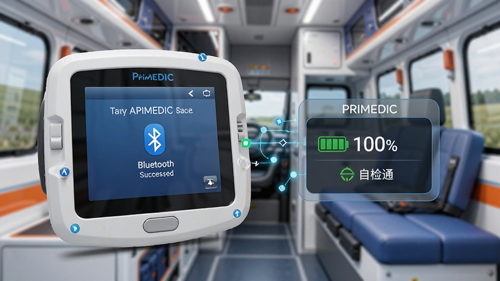 Primedic连接PRIMEDIC除颤仪过程示意图,界面显示蓝牙配对成功提示,设备卡片显示电量100%与自检通过,背景为急救车内部环境,色调明亮清晰,突出智能互联科技感,画质干净
