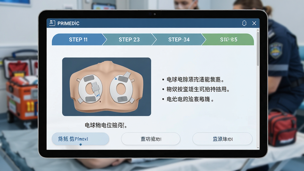 Primedic软件界面展示除颤操作引导步骤图,包含电极片粘贴位置示意动画与文字说明,界面友好,步骤条清晰显示,背景为模拟急救场景,色调冷静专业,画质细腻