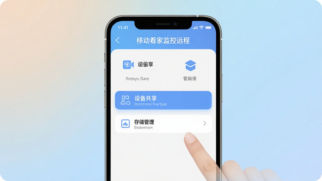 图示为一部智能手机的手势操作界面,屏幕上显示“移动看家监控远程”的设置菜单,高亮显示“设备共享”和“存储管理”选项。背景为柔和渐变色,配以简洁的图标和文字说明,构图清晰,风格扁平化,画质干净,帮助用户直观理解设置步骤。