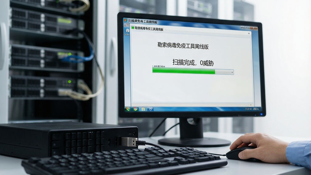 主体:工作人员正在内网机房中使用U盘运行“勒索病毒免疫工具离线版”,屏幕显示扫描进度条。布局:前景为键盘与鼠标,中景为显示器上的软件界面,背景是服务器机柜。排版:焦点集中在显示器界面,周围环境虚化。风格:写实摄影风格,光线明亮自然。细节:U盘插入主机前面板,软件界面显示“扫描完成,0威胁”字样。画质:高清,细节丰富,画面干净无多余元素。