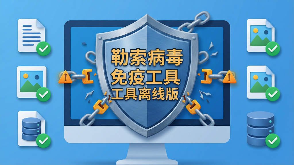 主体:一台电脑屏幕前显示盾牌图标,盾牌上写着“勒索病毒免疫工具离线版”,周围有锁链断裂特效。布局:电脑居中,左右两侧分别排列常见办公文件图标(文档、图片、数据库)并带有绿色对勾。排版:画面干净整洁,主次分明,文字突出。风格:扁平化设计搭配微立体质感,科技蓝为主色调,辅以橙黄色警示色点缀。细节:盾牌表面有细微金属拉丝纹理,文件图标下方有微弱投影。画质:8K超高清,细腻清晰,干净无多余元素。