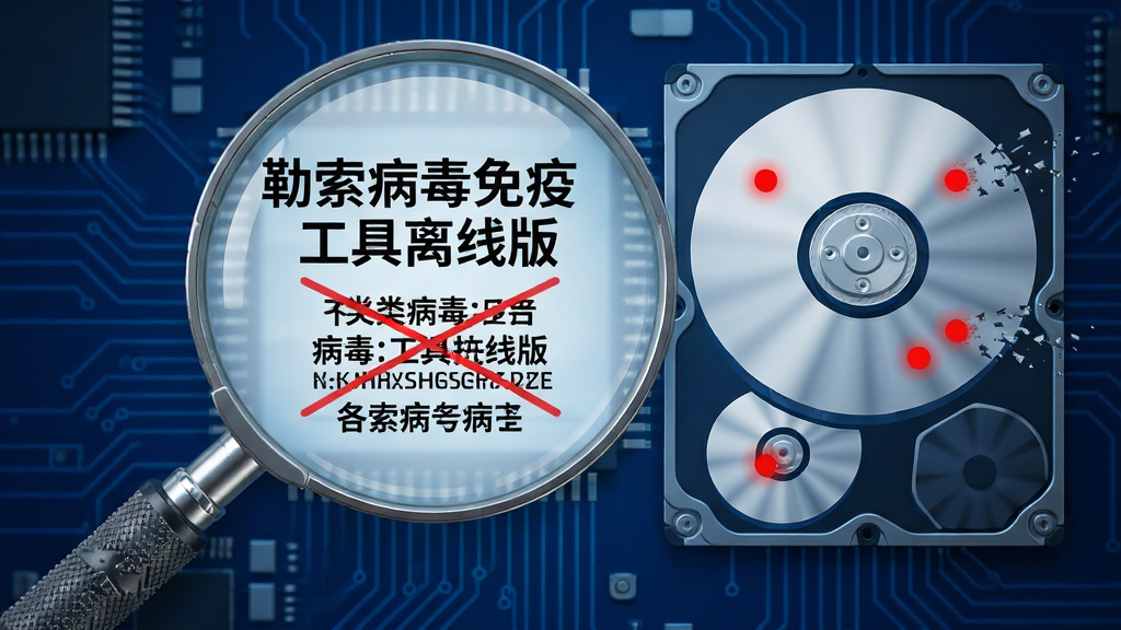 主体:放大镜扫描电脑硬盘,镜片内显示“勒索病毒免疫工具离线版”字样,下方列出各类病毒名称被划线。布局:放大镜位于画面中央偏左,右侧为磁盘扇区抽象图,红点被逐一清除。排版:疏密得当,视觉引导清晰。风格:写实与科技感融合,背景为深蓝色电路板纹理。细节:放大镜手柄有防滑纹路,被清除的病毒名称呈现碎裂消失动画效果。画质:高清渲染,色彩鲜明,简洁干净无杂乱元素。