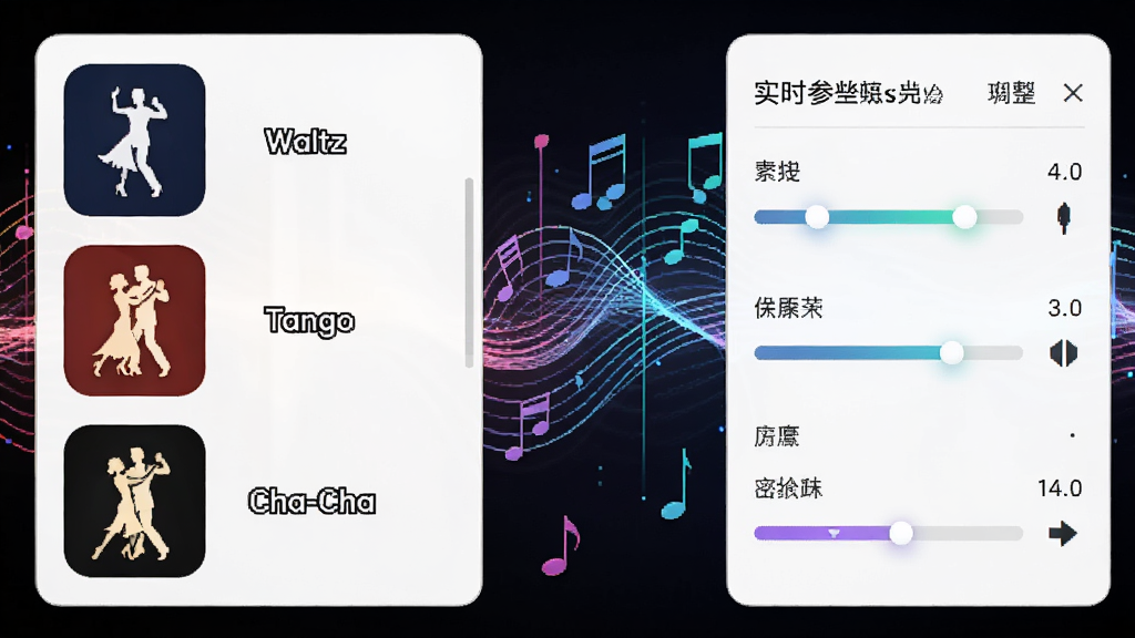 功能展示图,屏幕左侧罗列“Waltz”“Tango”“Cha-Cha”等舞种图标,右侧显示实时参数调整面板,背景为抽象音乐律动线条,整体色调明亮,突出软件操作便捷性
