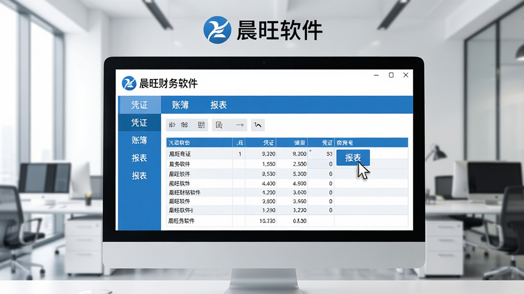 主体:晨旺财务软件在电脑屏幕上的主界面展示,背景为现代办公室环境,电脑屏幕清晰显示软件界面,包含“凭证”、“账簿”、“报表”等菜单。布局:屏幕居中,软件界面占据画面主要部分,左右留白,上方有晨旺软件logo。排版:界面内容简洁,菜单栏横向排列,数据表格纵向排列,色彩以蓝白为主。风格:商务、简约、科技感。细节:软件界面显示“晨旺财务软件”字样,表格中有数字数据,鼠标指针悬停在“报表”按钮上。画质:高清、明亮、无多余元素。