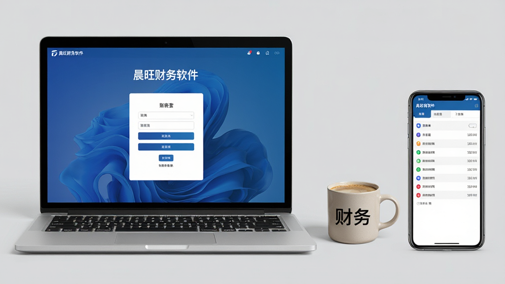 主体:一台笔记本电脑与一部手机并排摆放,屏幕上均显示晨旺财务软件的登录界面。布局:电脑位于左侧,手机位于右侧,中间有一杯咖啡作为点缀。排版:两个屏幕内容清晰,登录框可见,背景为纯色浅灰。风格:现代、双端协同。细节:电脑屏幕上有“晨旺财务软件”字样,手机屏幕上显示账套列表,咖啡杯上印有“财务”二字。画质:高清、整洁、无多余元素。