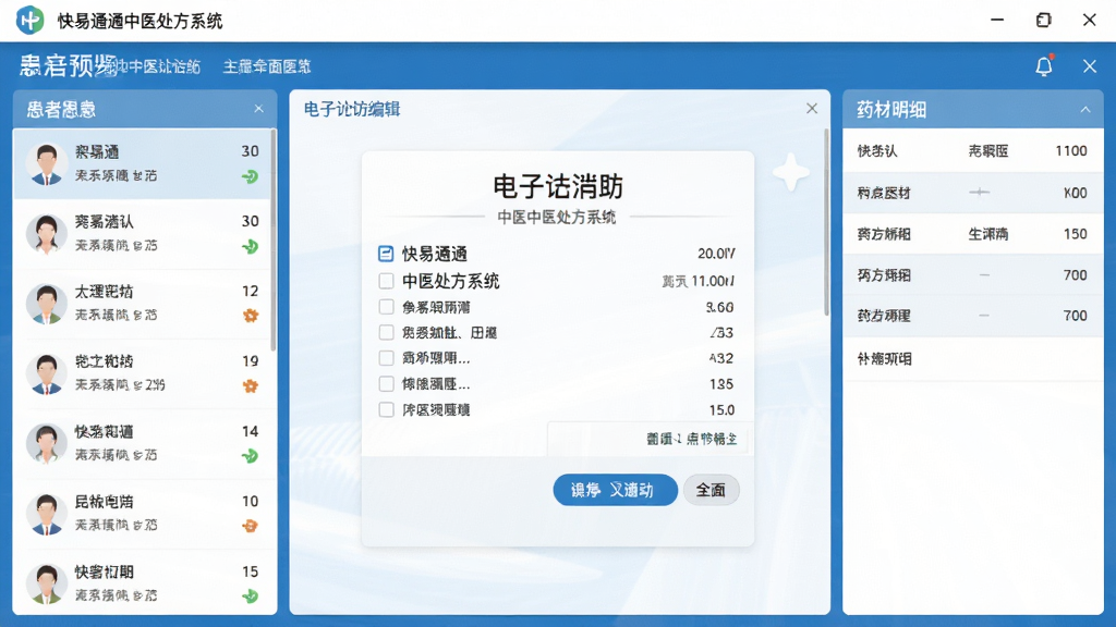 快易通中医处方系统主界面预览图,画面中央展示电子处方编辑区,左侧为患者列表,右侧为药材明细栏,整体采用蓝白配色,界面整洁清爽,图标扁平化设计,文字清晰可读,突出专业医疗软件气质,高清画质,干净无多余元素