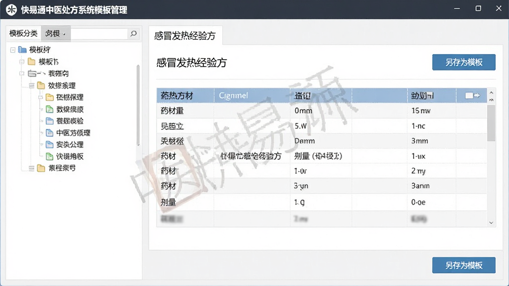 快易通中医处方系统模板管理界面,左侧为模板分类树,右侧展示一个已保存的感冒发热经验方,包含药材列表剂量,界面有“另存为模板”按钮,整体风格商务简洁,数据表格清晰,软件名称水印,高清细节