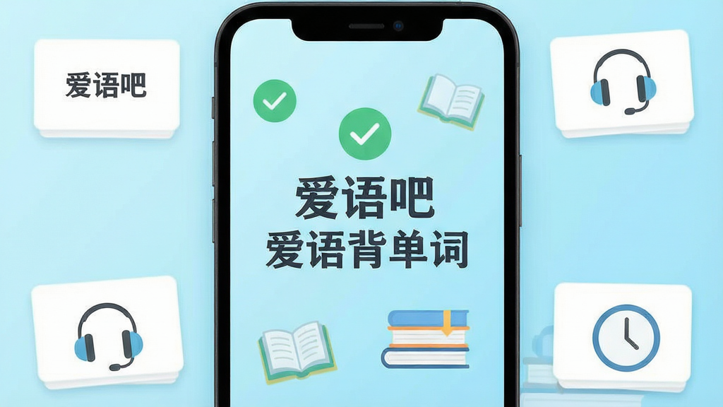 一张现代简约风格的手机应用界面预览图,屏幕中央显示“爱语吧爱语背单词”字样,背景为清新的浅蓝色渐变,搭配绿色对勾图标与书本元素,四周有单词卡片、耳机和时钟图标,整体布局干净整洁,扁平化设计,画质清晰,无多余元素