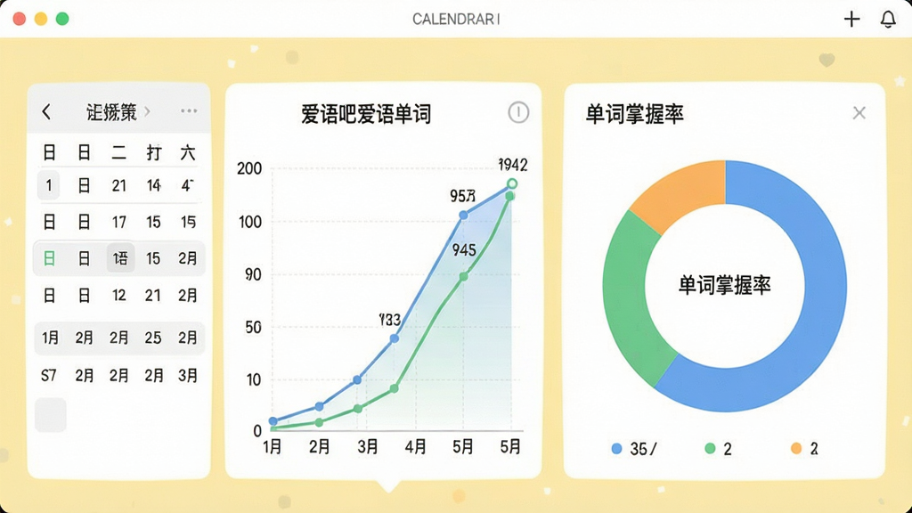 一幅展示学习数据统计的界面截图,屏幕上显示“爱语吧爱语背单词”的记忆曲线图表,左侧是日历打卡记录,右侧是单词掌握率环形图,背景为淡黄色,界面风格清新简约,数据可视化清晰,扁平化设计,画质干净,无多余元素