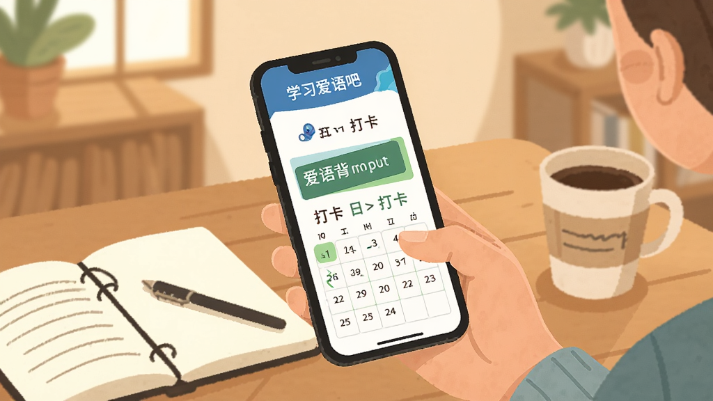 一幅展示用户使用手机学习爱语吧爱语背单词的场景插图,画面中一只手拿着手机,屏幕显示单词卡片与打卡日历,桌上放有笔记本和咖啡杯,背景为温暖的室内环境,采用扁平化插画风格,色调柔和,画质干净,无多余元素