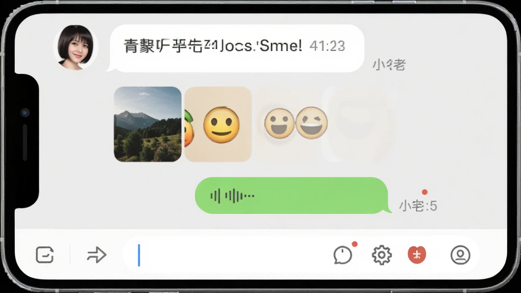 画面主体为圈子软件内的聊天对话界面,展示多种消息类型,包括文字气泡、图片缩略图、语音条和表情符号。布局为手机聊天窗口样式,双方头像分列左右,背景为浅灰色,风格清新自然,细节包括消息时间戳、未读红点数字、输入框下方的功能图标栏,画质清晰,无多余元素。