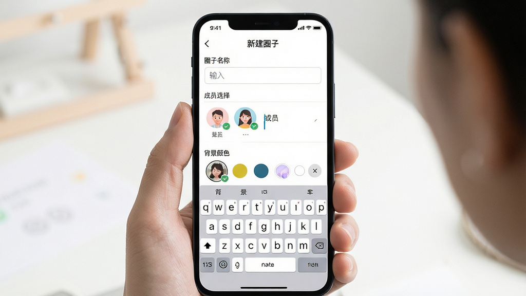画面主体为一位用户正在圈子软件中创建新圈子的操作界面,手机屏幕放大显示,顶部有“新建圈子”标题栏,下方依次为圈子名称输入框、成员选择列表和背景颜色选择器。布局为手机全屏截图样式,风格简洁清晰,细节包括键盘弹出、光标闪烁、选中的联系人头像带对勾,画面柔和明亮,突出创建过程的引导性,画质干净,无多余元素。