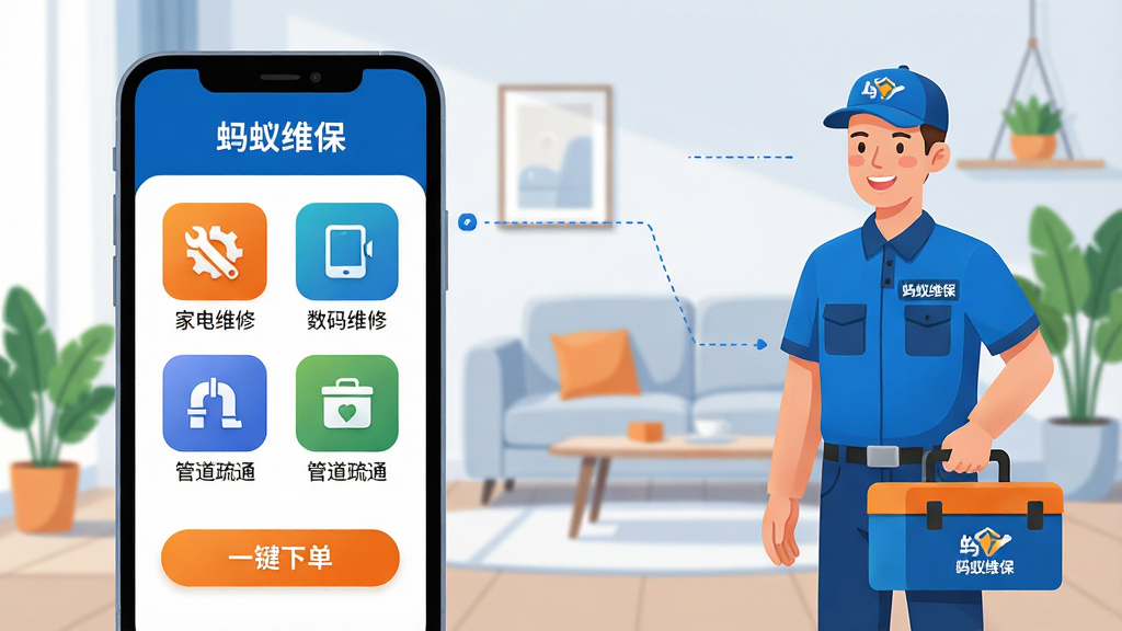 主体:一部智能手机屏幕显示“蚂蚁维保”APP主界面,界面清晰展示“家电维修”、“数码维修”、“管道疏通”等彩色功能图标,旁边一位身着统一制服、面带微笑的维修工程师正提着工具箱准备出发。背景:现代简约风格的客厅,光线明亮,有沙发和绿植点缀。排版:手机界面作为视觉中心位于画面左侧三分之一处,工程师位于右侧,两者通过一条虚拟的连线连接,寓意快速匹配。风格:扁平化插画结合轻微拟物质感,色彩明快,以品牌蓝色和橙色为主色调。细节:手机屏幕上显示“一键下单”按钮,工程师胸牌上有“蚂蚁维保”字样,工具箱上也有品牌Logo。画质:4K高清,干净,无多余元素。