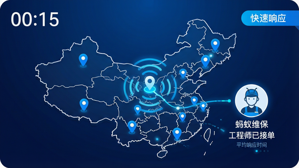 主体:一张中国地图的抽象轮廓,上面散布着多个蓝色定位点,其中一个定位点高亮并向外发出无线信号波纹,连接到一个带有“蚂蚁维保”字样的头像图标。布局:地图占据画面中央,信号连接过程以动态线条示意,左上角显示计时器“00:15”,右上角显示“快速响应”标签。排版:信息层级分明,主要元素居中,辅助信息置于角落。风格:科技感UI风格,背景为深蓝色渐变色,线条和图标使用亮蓝色与白色。细节:头像图标下方有“工程师已接单”字样,计时器旁边有“平均响应时间”小字。画质:高清,干净,无多余元素。