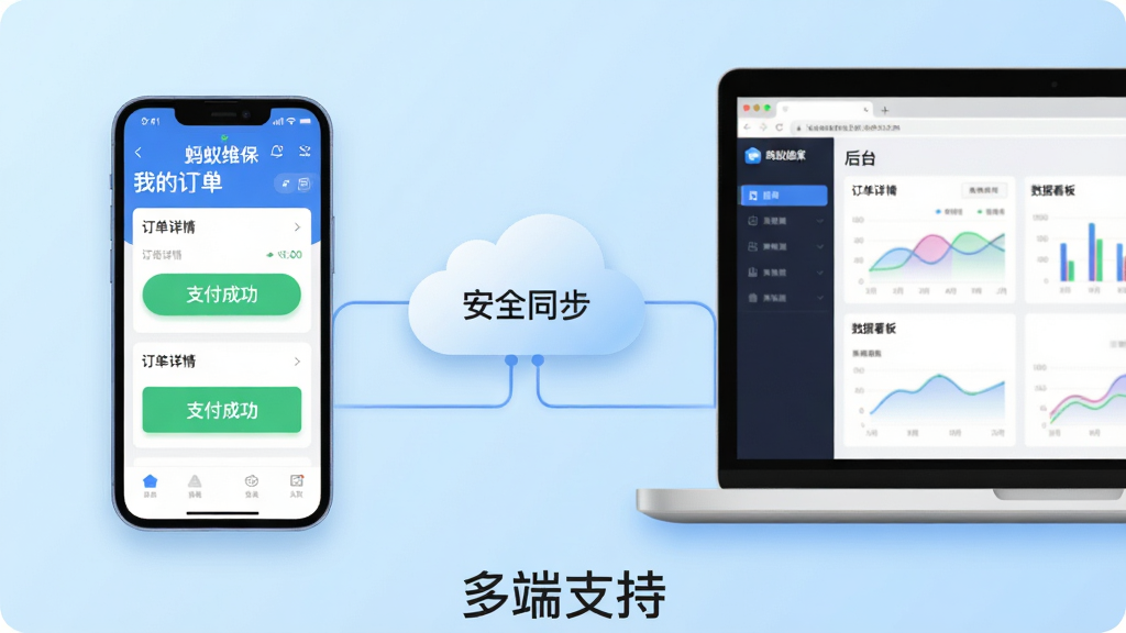 主体:一部智能手机和一台笔记本电脑并排摆放,手机屏幕显示“蚂蚁维保”APP的“我的订单”页面,电脑屏幕上显示同一APP的网页版后台,两者通过云朵图标连接。布局:手机位于左侧,电脑位于右侧,中间以云朵和线条表示数据同步。排版:画面均衡,背景为浅蓝色渐变色,下方有“多端支持”字样。风格:科技感插画风格,色彩清新,设备图标带有轻微的圆角阴影。细节:手机屏幕上有“订单详情”、“支付成功”等字样,电脑屏幕上有“数据看板”图表,云朵上写有“安全同步”。画质:干净,无多余元素。