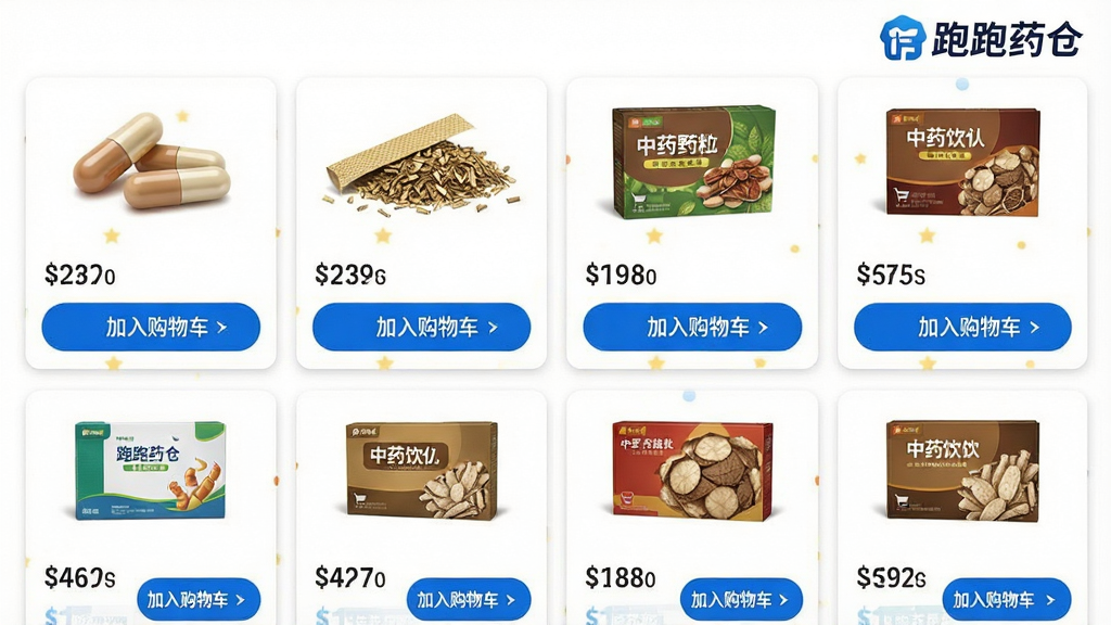 跑跑药仓APP商品列表截图风格图片,画面分为上下两排药品展示卡片,包含胶囊、颗粒、中药饮片包装盒,每张卡片下方有价格与“加入购物车”按钮;界面以白色为背景,蓝色按钮醒目,右上角显示“跑跑药仓”Logo,整体排版整齐,色彩明快,细节丰富,画质干净,无多余元素。