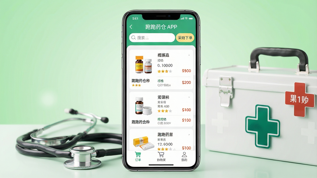 一张智能手机屏幕展示“跑跑药仓”APP主界面,界面顶部有搜索栏和“采购下单”按钮,中部商品列表清晰显示药品图片、名称、规格与价格,底部有订单、购物车、我的等导航图标;手机旁摆放听诊器与药箱,背景为浅绿色渐变,整体风格干净明亮,突出医药电商的专业感与便捷性,画质清晰,构图居中,无多余元素。