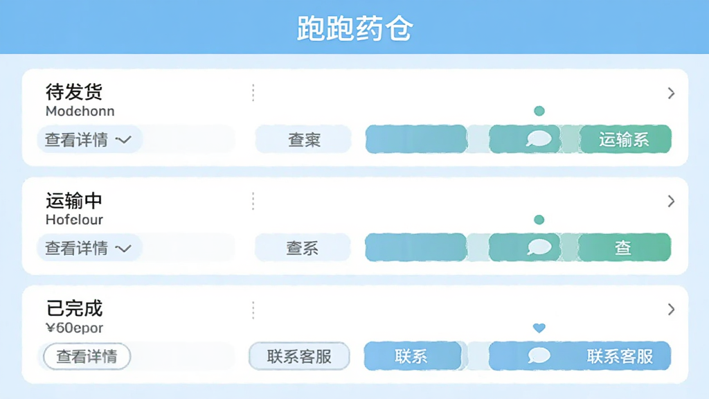 跑跑药仓APP“我的订单”页面预览图,页面展示三条订单记录,状态分别为待发货、运输中、已完成,每条订单下方有“查看详情”与“联系客服”按钮;背景为淡蓝色,顶部显示“跑跑药仓”字样,整体风格简洁明了,画质清晰,无多余元素。