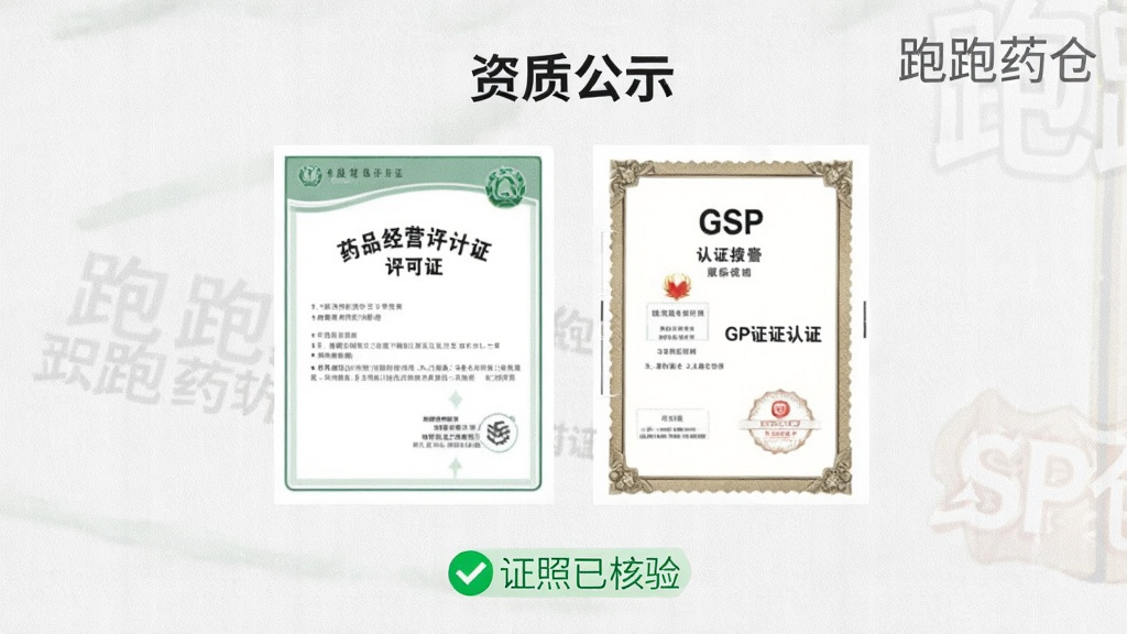 跑跑药仓APP“资质公示”页面预览图,页面中央展示药品经营许可证与GSP认证证书的电子扫描件,右上角为“跑跑药仓”水印,下方有一排“证照已核验”绿色标识,背景为淡灰色纹理,整体风格严谨正式,文字清晰可读,画质干净,无多余元素。