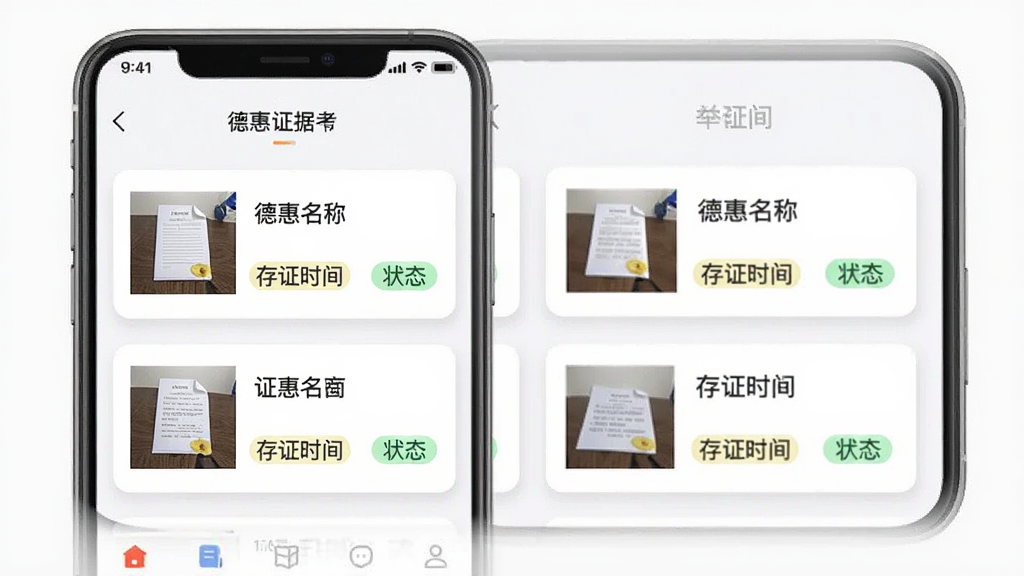 一张德惠存证证据管理功能的界面设计图,画面展示手机APP中的证据列表页面,列表项以卡片形式呈现,每张卡片包含文件缩略图、名称、存证时间和状态标签,背景为浅白色,卡片带有阴影效果,整体风格清爽有序,画质清晰,无多余元素