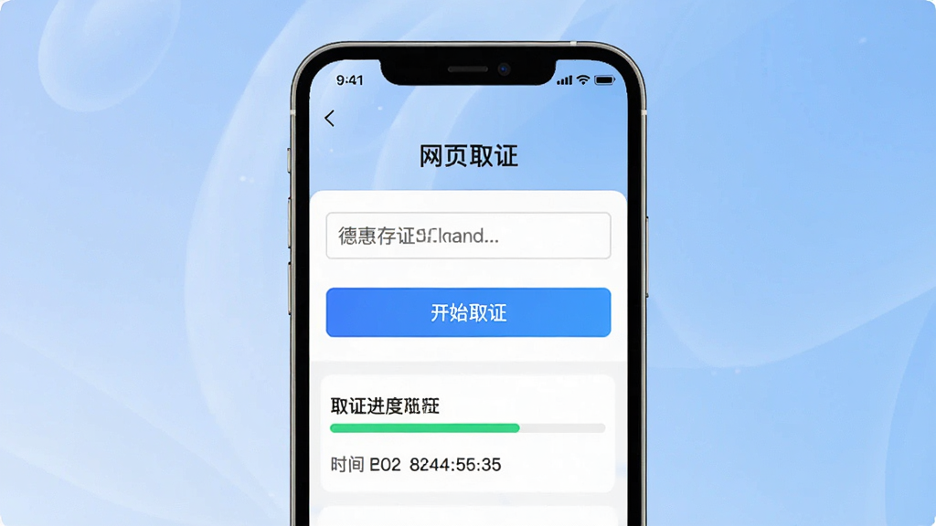 一张德惠存证一键取证功能的操作截图预览,手机屏幕中显示“网页取证”界面,包含网址输入框和“开始取证”按钮,下方展示取证进度条和时间戳信息,背景为柔和渐变蓝色,画面简洁明了,突出功能按钮,画质高清细腻,无多余元素