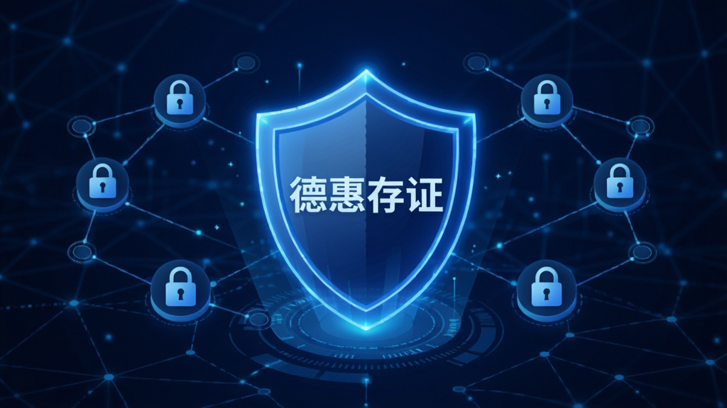 一张德惠存证区块链存证功能的概念示意图,画面中央是一个发光的蓝色盾牌,盾牌上带有“德惠存证”字样,盾牌周围环绕着多个链接的节点和锁形图标,背景为深蓝色科技感网络线条,整体风格大气专业,画质清晰干净,无多余元素