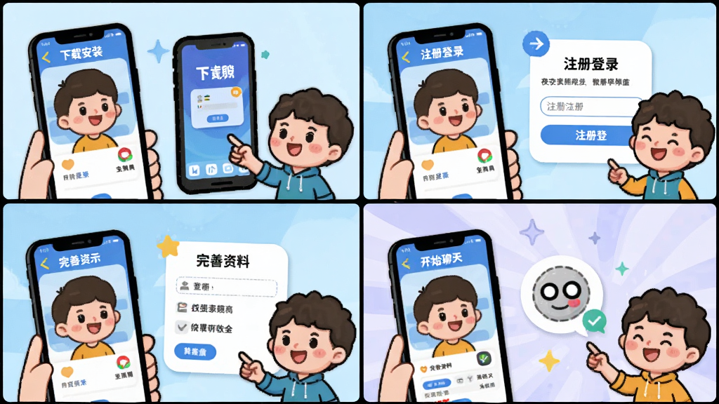 夜尤APP使用教程配图,画面分为四格漫画风格,第一格展示下载安装,第二格展示注册登录,第三格展示完善资料,第四格展示开始聊天,主要角色为手机界面和卡通人物,整体风格教学图示,色彩清晰明快,画质干净整洁。