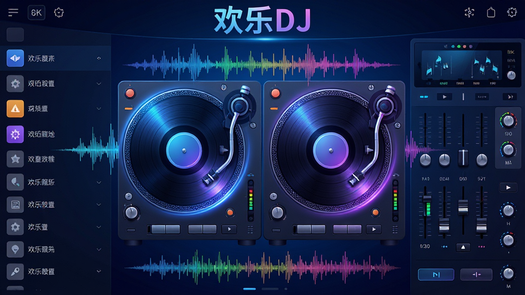主体:欢乐DJ软件主界面,中央是两块虚拟黑胶唱片机,周围环绕彩色音频波形。布局:界面左侧为曲目列表,右侧为混音控制台,上下结构清晰。排版:采用左右对称式布局,功能按钮整齐排列。风格:现代科技感,背景为深蓝色渐变,光影效果炫酷。细节:唱片转动带出蓝色和紫色光效,音量推子和旋钮清晰可见,屏幕上方有“欢乐DJ”字样。画质:8K超高清,干净,无多余元素。