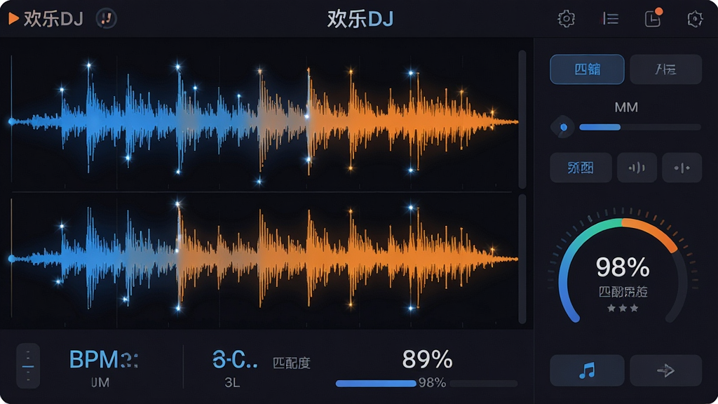 主体:欢乐DJ软件的节拍匹配功能界面,两个音频波形上下对齐。布局:上方显示波形对比,下方为BPM数值和匹配度百分比。排版:左右分栏,左侧为波形,右侧为控制参数。风格:深色背景,波形以蓝色和橙色高亮显示。细节:波形边缘有闪亮的光点,匹配度达到98%,界面中有“欢乐DJ”标识。画质:高清,干净,无多余元素。
